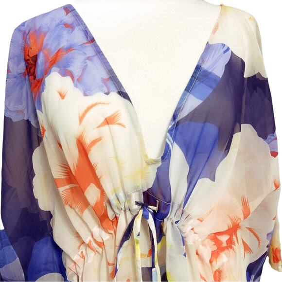 Echo Floral Sheer Swim Coverup Deep V-Neck and Drawstring One Size - Picture 2 of 8